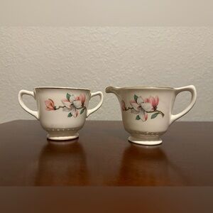 Homer Laughlin Creamer & Open Sugar Bowl Dogwood Liberty Gold Trim USA Vintage